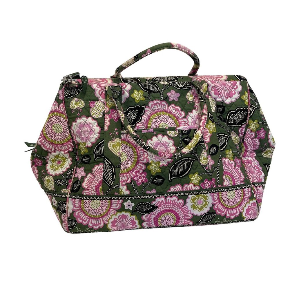 Vera Bradley Floral Travel Duffel Bag Pink Green Pattern Cotton Quilted Large
